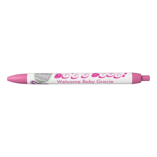 It's A Girl Baby Rattle Pink Name Announcement Black Ink Pen (Front)