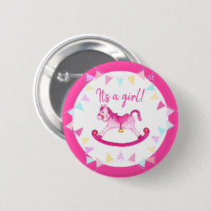 It's a girl baby shower gender reveal hobby horse 6 cm round badge