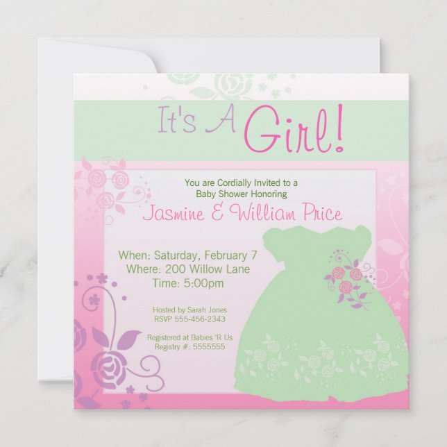 It's A Girl Baby Shower Invitation Pastel Dress (Front)
