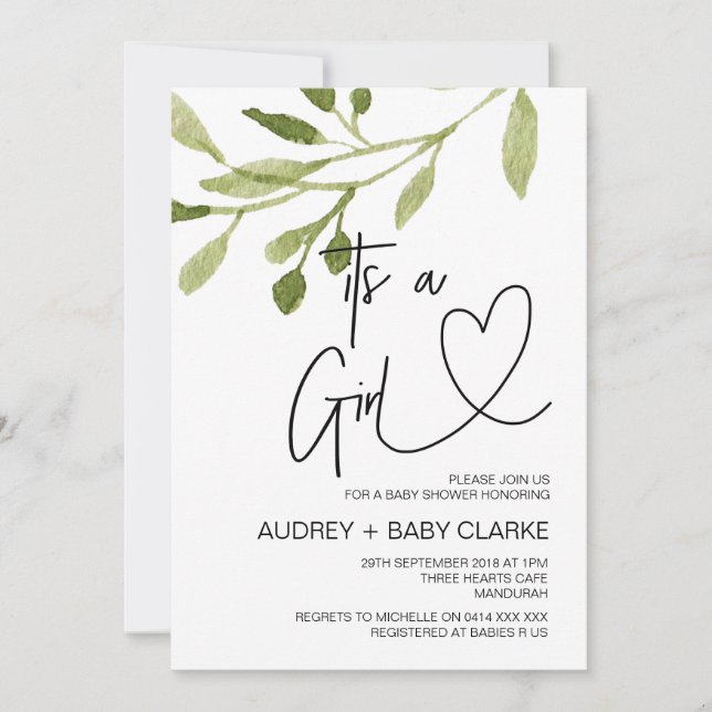 Its a Girl Baby Shower Party Elegant Eucalyptus Invitation (Front)