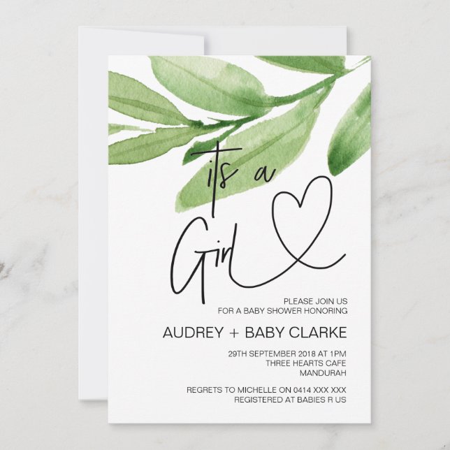 Its a Girl Baby Shower Party Greenery Baby Bash Invitation (Front)