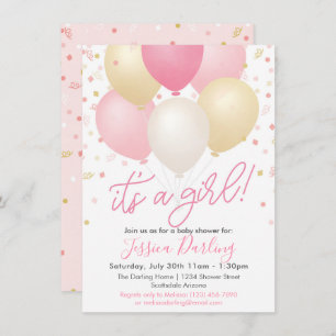It's a Girl Baby Shower Pink Balloons and Confetti Invitation