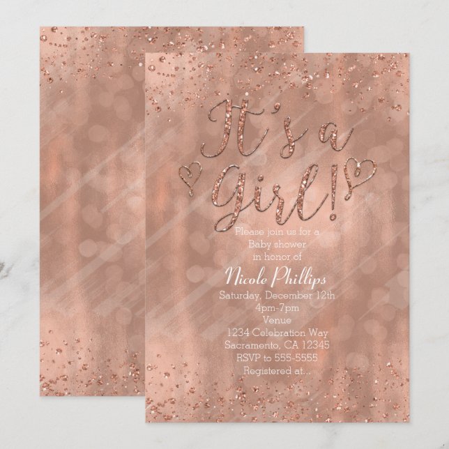 It's a Girl Baby Shower Pink Rose Gold Glamour Invitation (Front/Back)