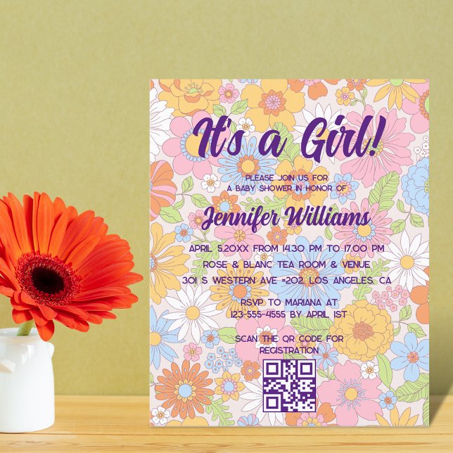its a girl baby shower retro floral invitation  (Creator Uploaded)