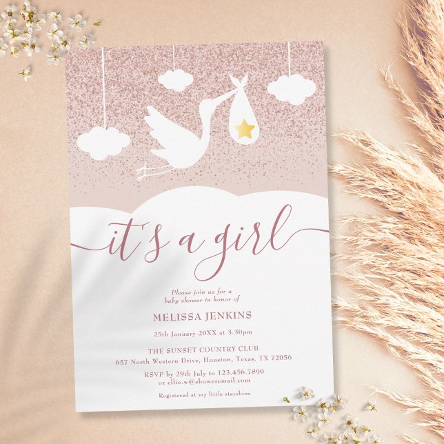 It's a Girl Baby Shower Stork Rose Gold Glitter Invitation (Creator Uploaded)