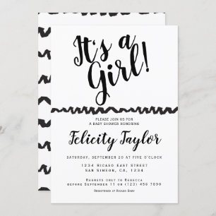 Its A Girl Baby Shower Typography Black White Invitation