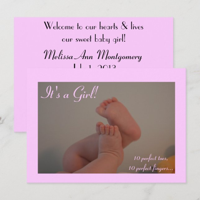 It's a Girl Baby Toes Birth Announcement Cards (Front/Back)