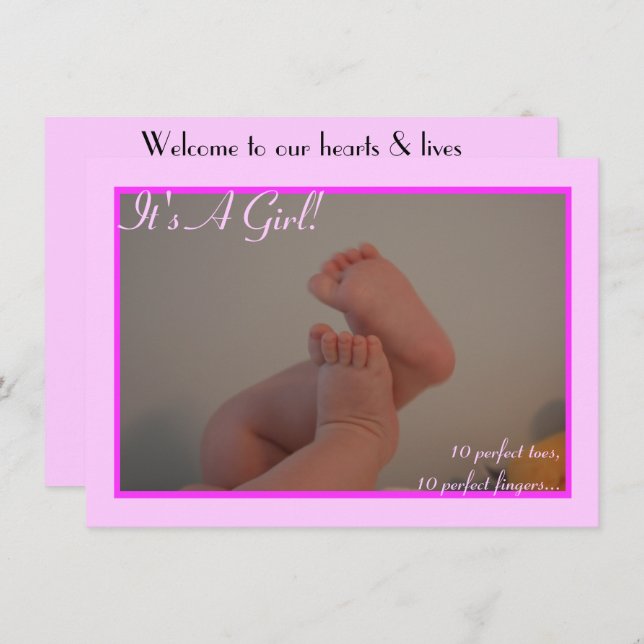 It's a Girl Baby Toes Photo Announcement Cards (Front/Back)