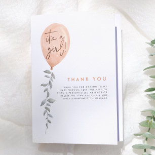 Its A Girl Balloon Greenery Baby Shower Thank You Card