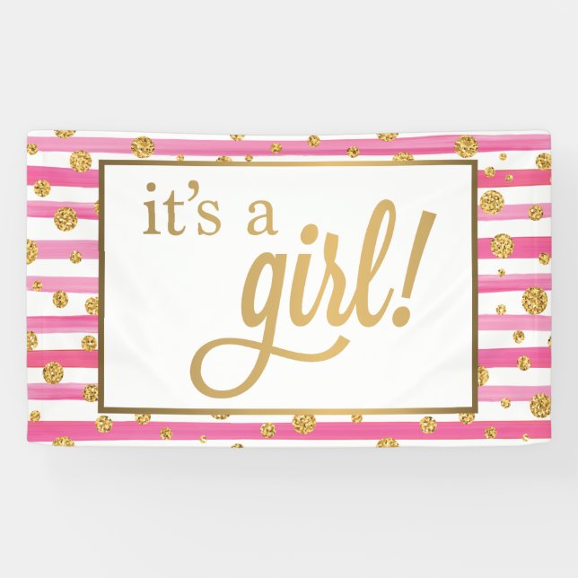 It's A Girl Banner - New Baby - Pink and Gold (Horizontal)