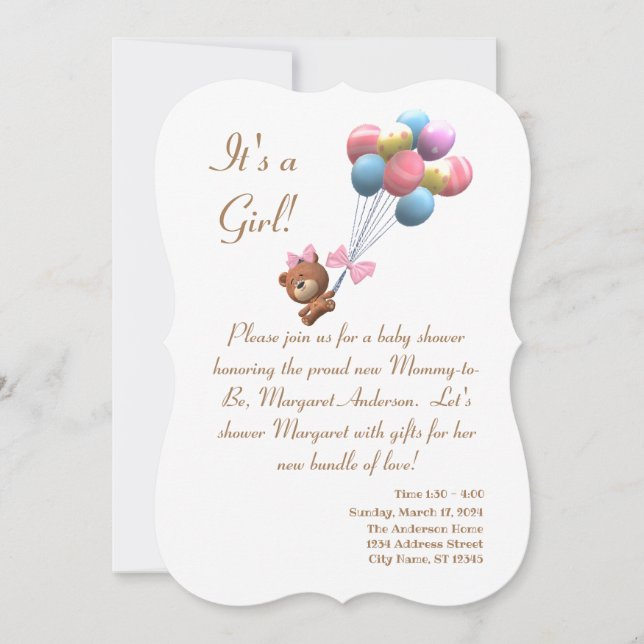 It's a Girl Bear & Balloons Shower Invitation (Front)