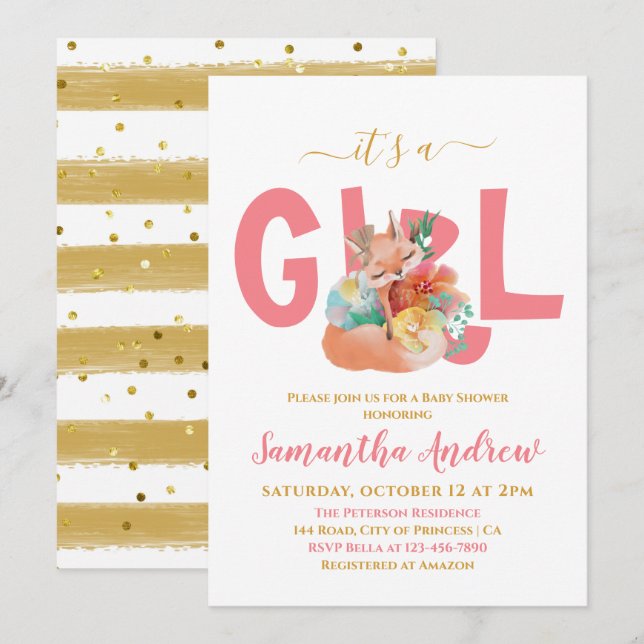 It's a Girl Beautiful Sleepy Fox Baby Shower  Invi Invitation (Front/Back)