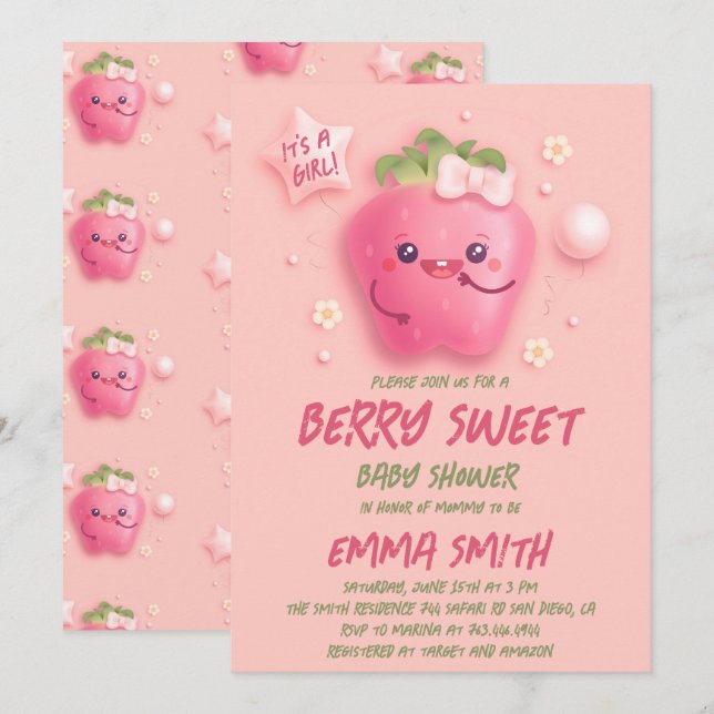 It's a Girl Berry Sweet Strawberry Baby Shower Invitation (Front/Back)