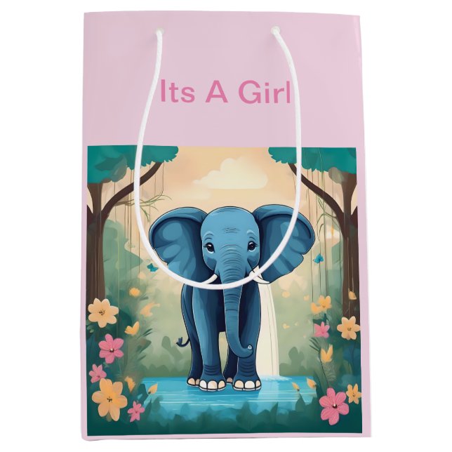 Its A Girl Blue Baby Elephant, Medium Gift Bag (Front)