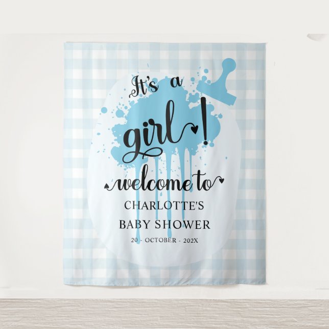 It's a Girl! Blue Gingham Baby Shower Backdrop Tapestry (Front)