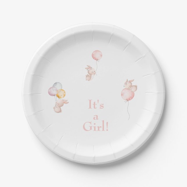 It's a Girl Blush Bunnies Baby Shower Paper Plate (Front)