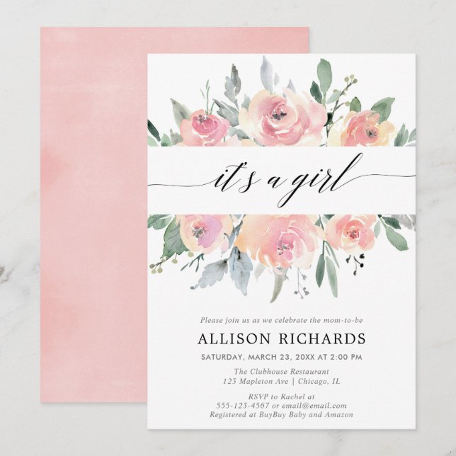 It's a girl blush greenery floral girl baby shower invitation (Front/Back)