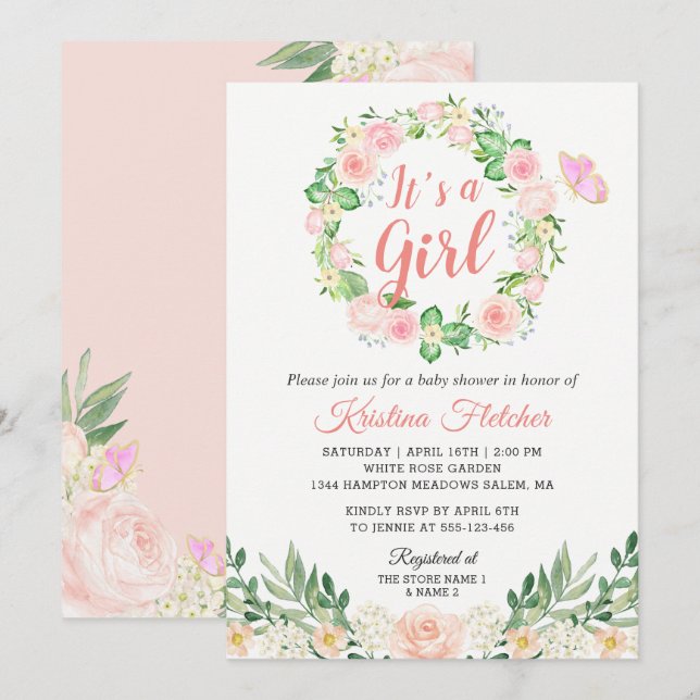 It's a Girl Blush Peach Floral Garden Baby Shower Invitation (Front/Back)