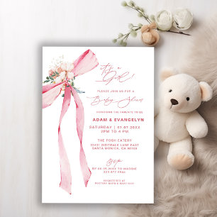It's A Girl! Blush Pink Bow Floral Baby Shower Invitation