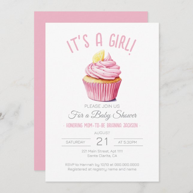 It's A Girl Blush Pink Cupcake Baby Shower Invitation (Front/Back)