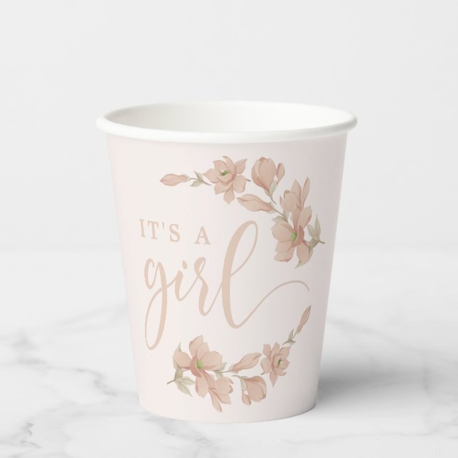 It's a Girl Blush Pink Floral Baby Shower Paper Cups (Front)