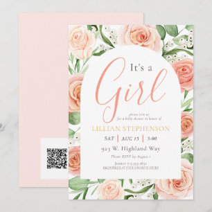 Its A Girl Blush Pink Floral Baby Shower QR Code Invitation