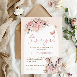 It's A Girl Boho Elephant Pink Baby Shower Invitation