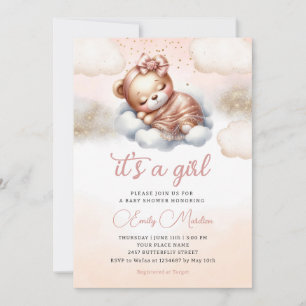 It's a girl Boho Teddy Bear Blush pink baby shower Invitation