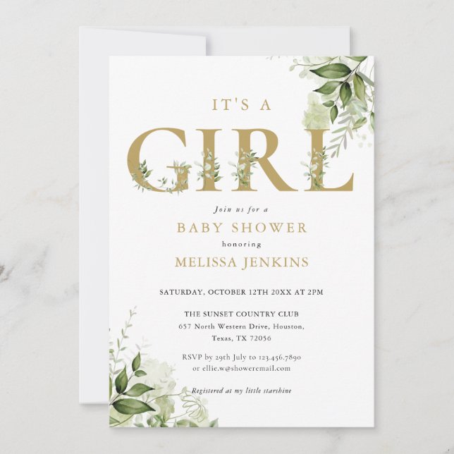 Its A Girl Botanical Gold Letter Baby Shower Invitation (Front)