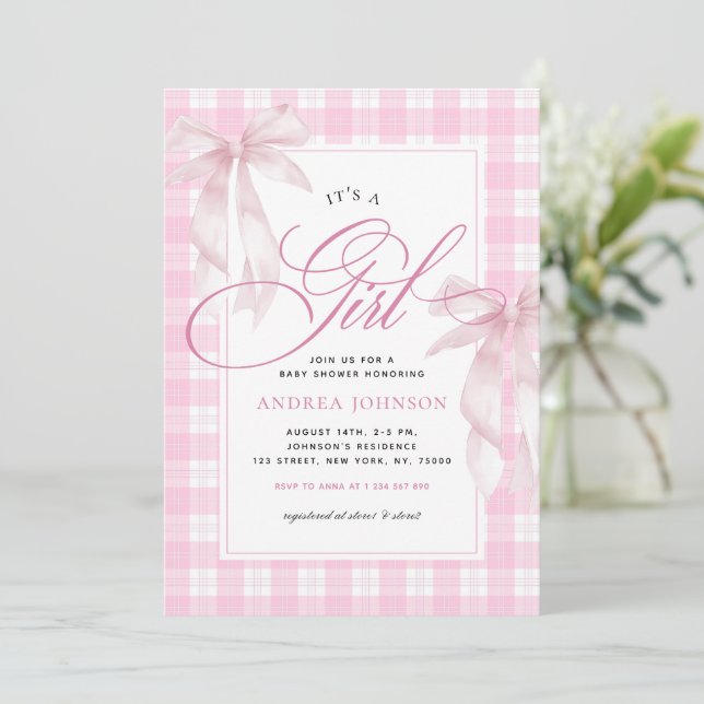 It's a Girl Bows & Pink Gingham Plaid Baby Shower Invitation (Standing Front)