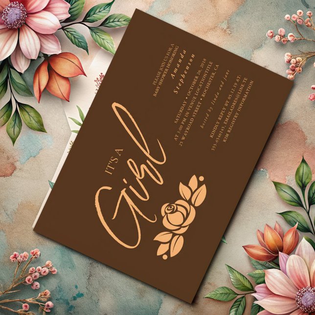 Its A Girl Brown Gold Floral Baby Shower Invitation (Creator Uploaded)
