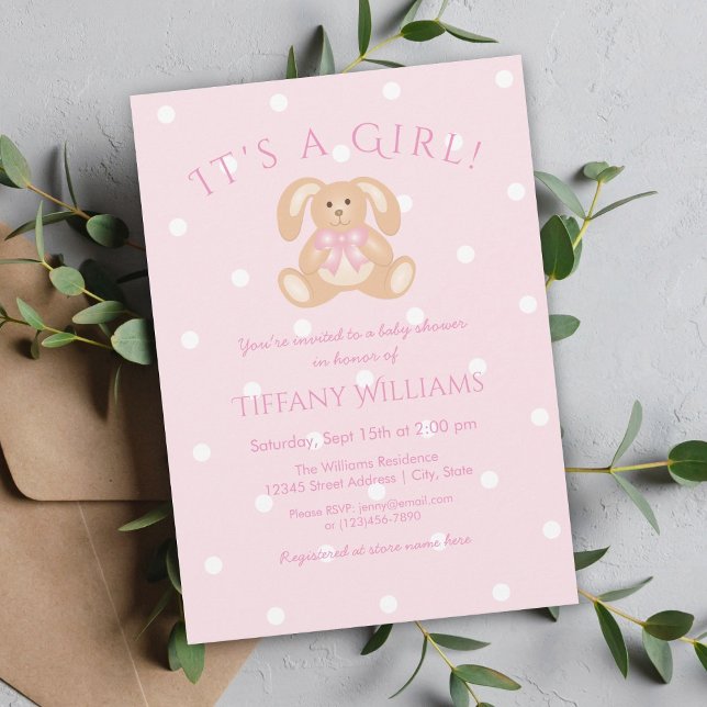 It's a Girl Bunny Rabbit Pastel Pink Baby Shower Invitation (Creator Uploaded)