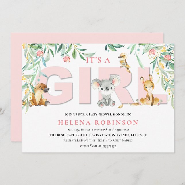 It's A Girl Bush Babies Baby Shower Invitations (Front/Back)