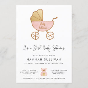 It's a Girl Carriage Pink Gold Watercolor Shower Invitation