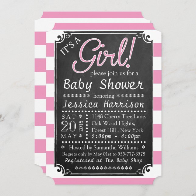 It's A Girl! Chalkboard Baby Shower Invitations (Front/Back)