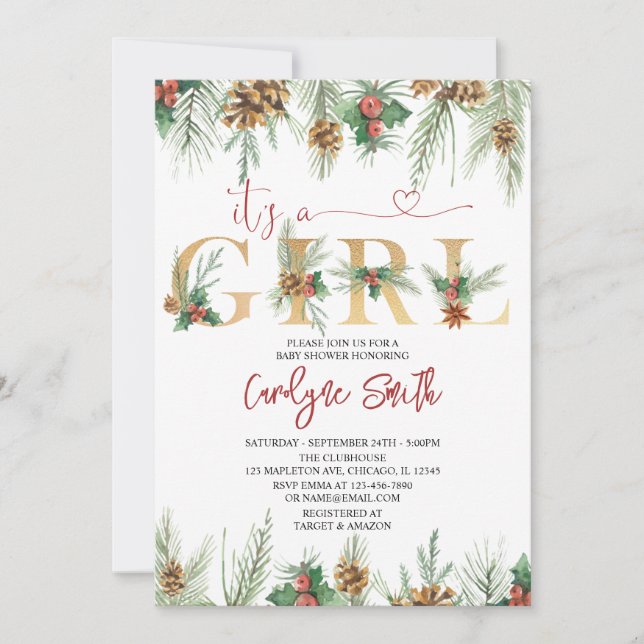 It's A Girl Christmas Baby Shower Invitation (Front)