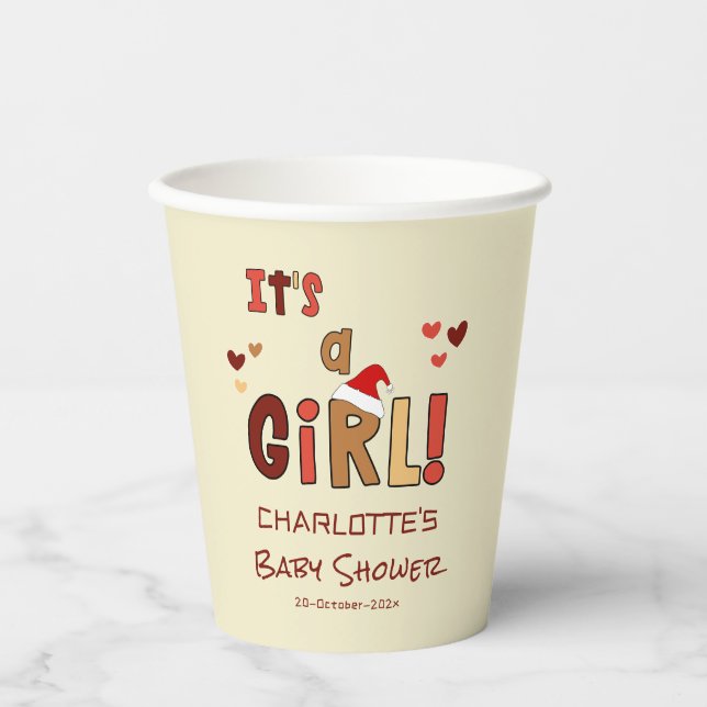 It's a Girl! Christmas Santa Hat Baby Shower Paper Cups (Front)