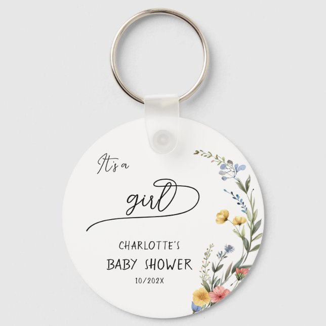 It's a Girl! Colourful Wildflower Baby Shower Key Ring (Back)