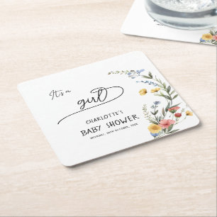 It's a Girl! Colourful Wildflower Baby Shower Square Paper Coaster