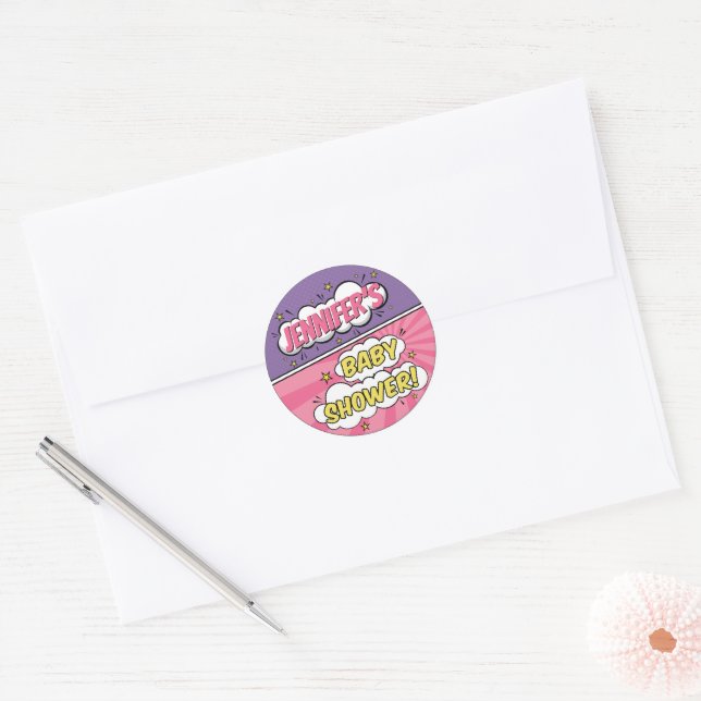 Its A Girl Comic Book Superhero Baby Shower Classic Round Sticker (Envelope)