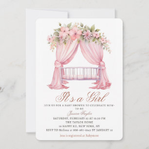 Its a Girl Crib Pink Spring Flowers Baby Shower Invitation