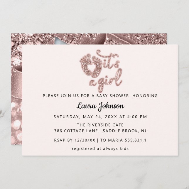  It's A Girl Custom New Baby Photo Rose FeetGlitte Invitation (Front/Back)
