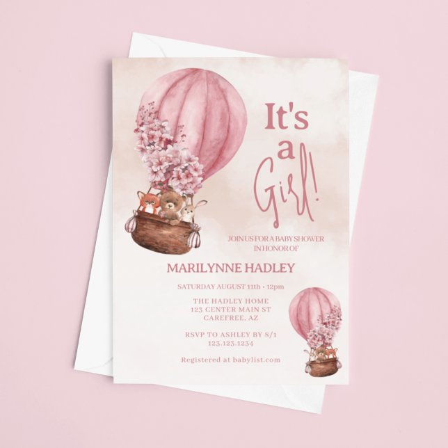 It's a Girl Cute Bear Balloon Baby Shower Invitation (Creator Uploaded)