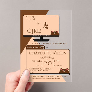 It's A Girl! Cute Bear Computer Screen Baby Shower Acrylic Invitations