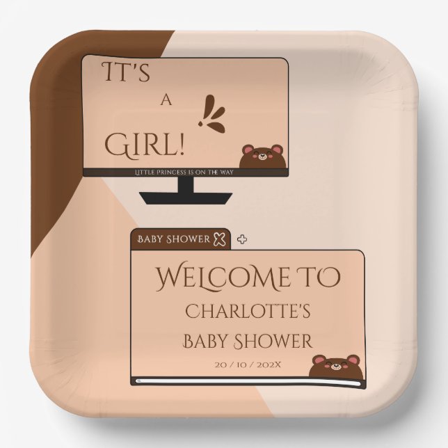 It's A Girl! Cute Bear Computer Screen Baby Shower Paper Plate (Front)