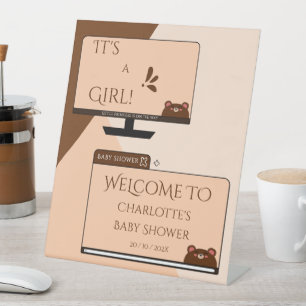 It's A Girl! Cute Bear Computer Screen Baby Shower Pedestal Sign