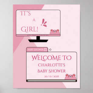 It's A Girl! Cute Bear Computer Screen Baby Shower Poster