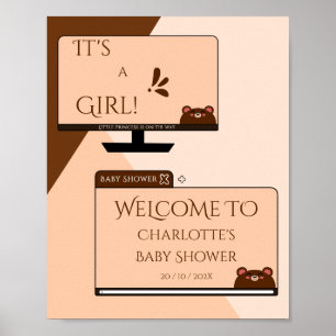 It's A Girl! Cute Bear Computer Screen Baby Shower Poster