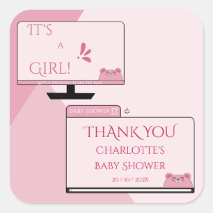 It's A Girl! Cute Bear Computer Screen Baby Shower Square Sticker