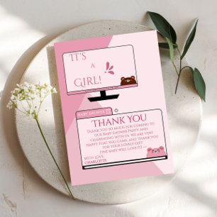 It's A Girl! Cute Bear Computer Screen Baby Shower Thank You Card
